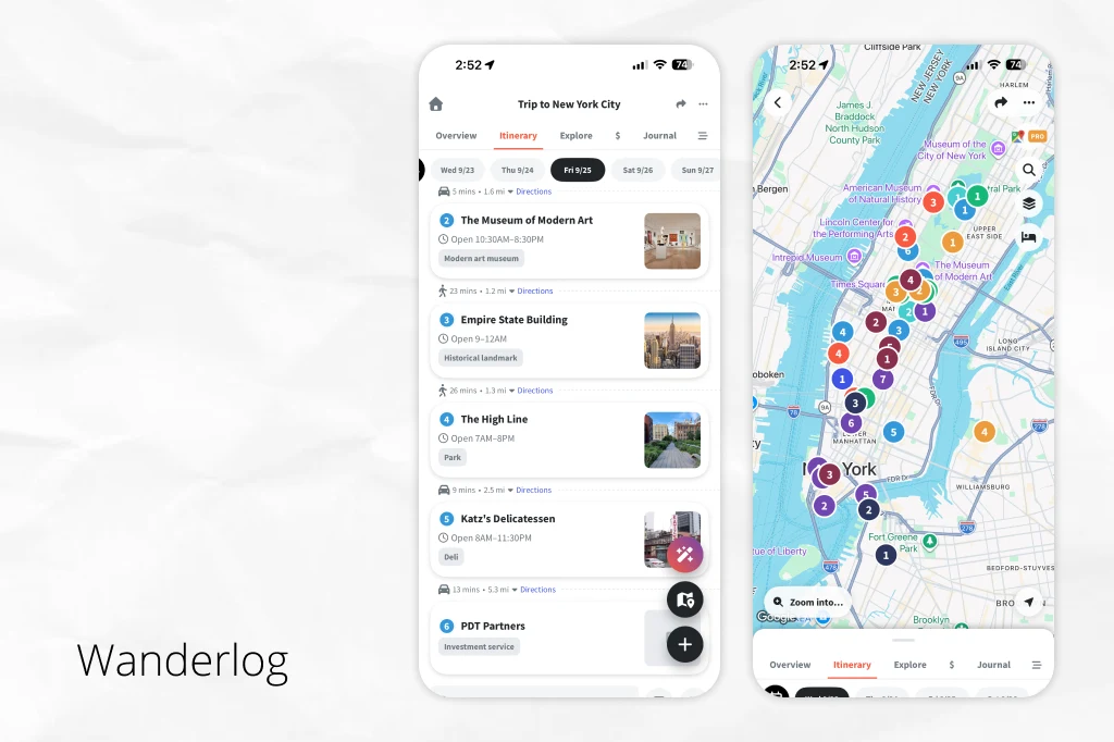 The Wanderlog app showing a day-by-day New York City itinerary with travel times between stops, next to a map view with the same stops numbered in order