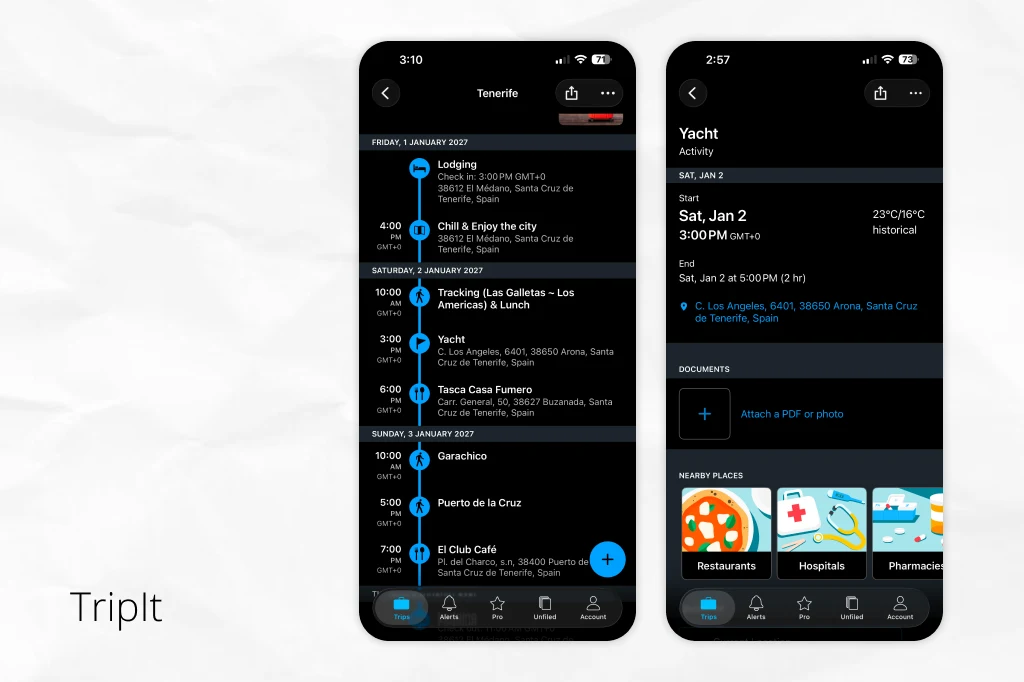 The TripIt app showing a Tenerife trip as a dated timeline of lodging and activities, next to an activity detail screen with a PDF attachment option and nearby places