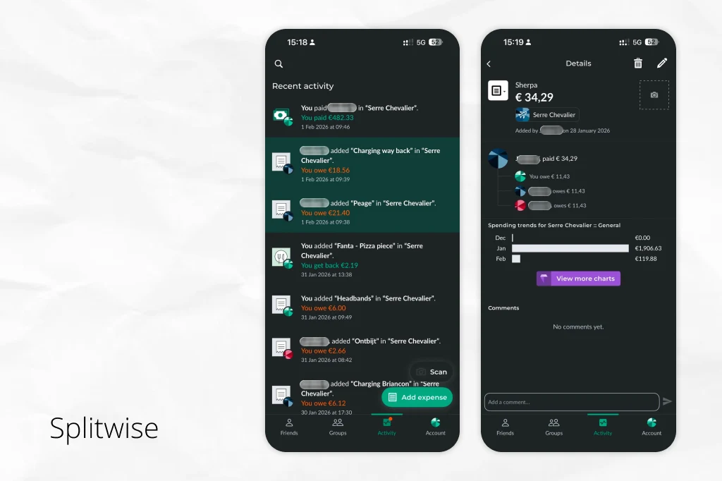 The Splitwise app showing a group trip's recent expense activity with amounts owed, next to an expense detail screen breaking one cost down between four people