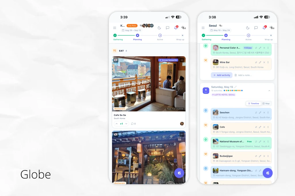 The Globe app showing restaurant proposals a group has voted on, next to a shared day-by-day itinerary for a Seoul trip with activities and costs