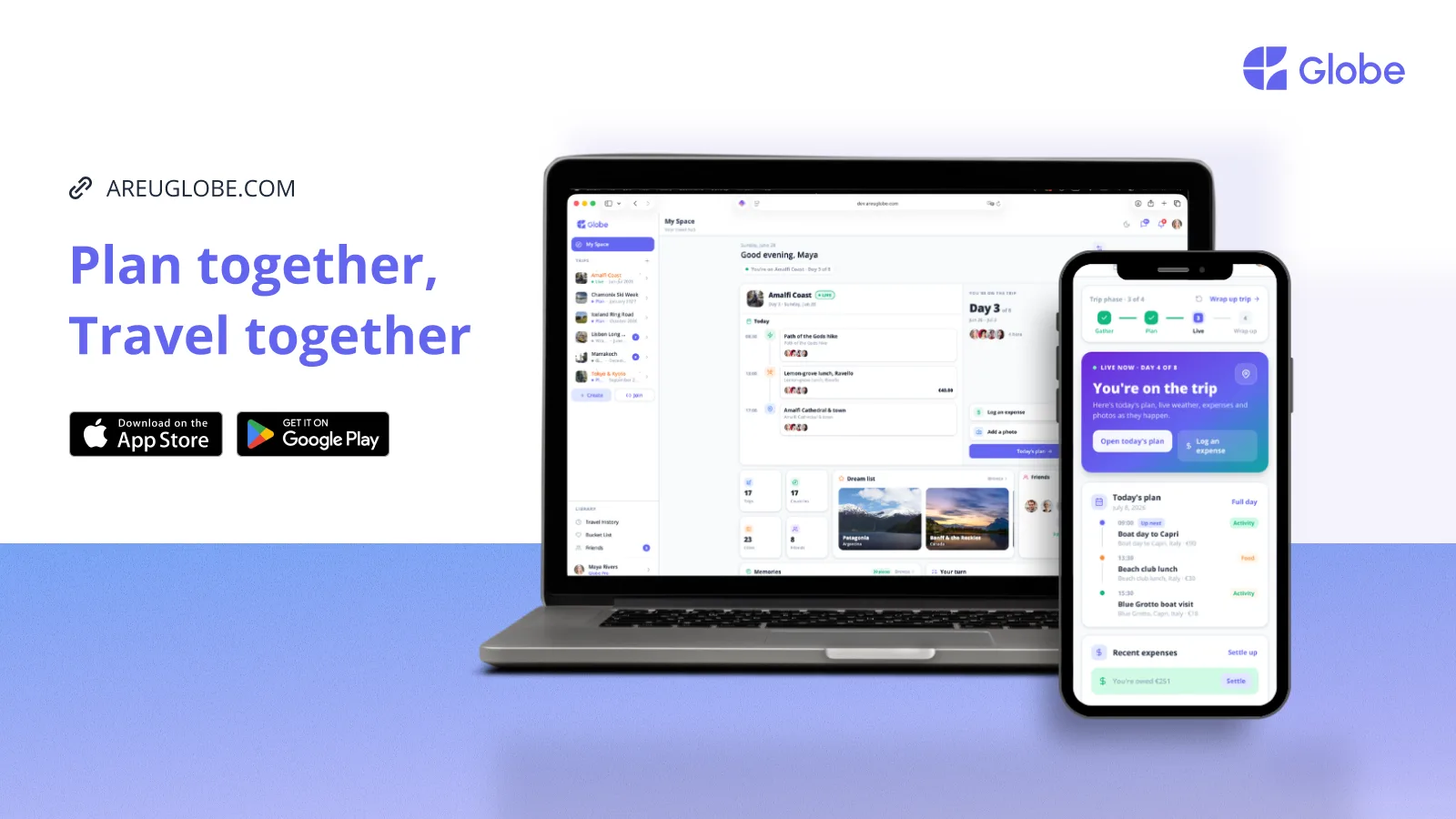 Globe shown on laptop and phone, displaying a shared trip planner, live trip updates, and expense tracking
